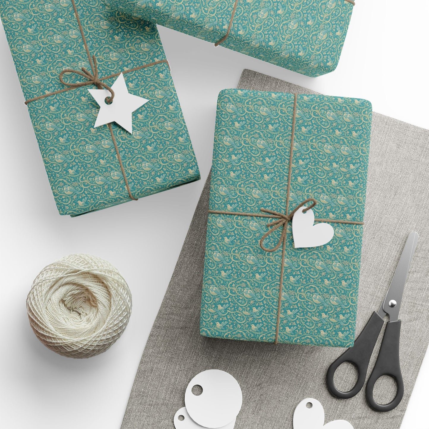 Teal Round Birds on Rococo Vines Gift Wrap