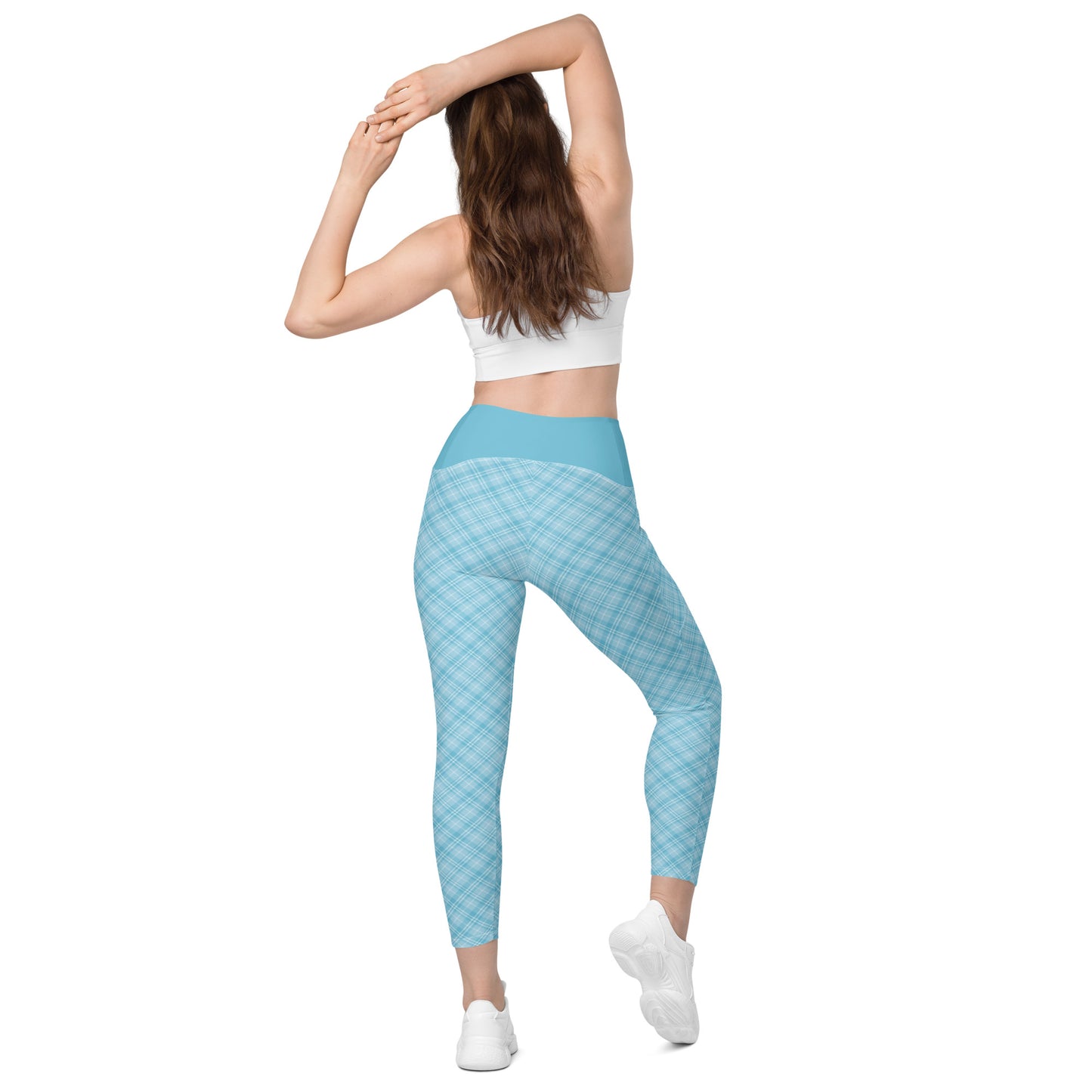 Sky Blue Plaid Yoga Leggings with Pockets