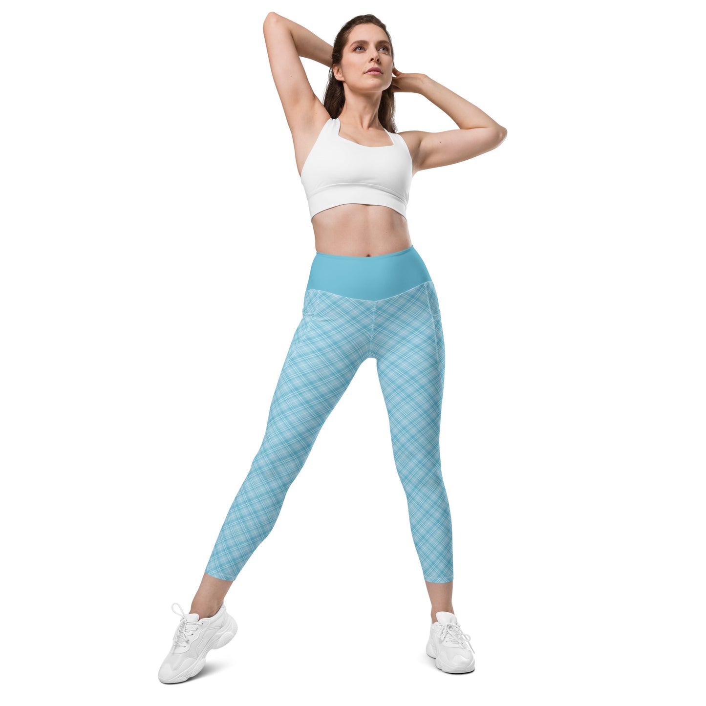 Sky Blue Plaid Yoga Leggings with Pockets