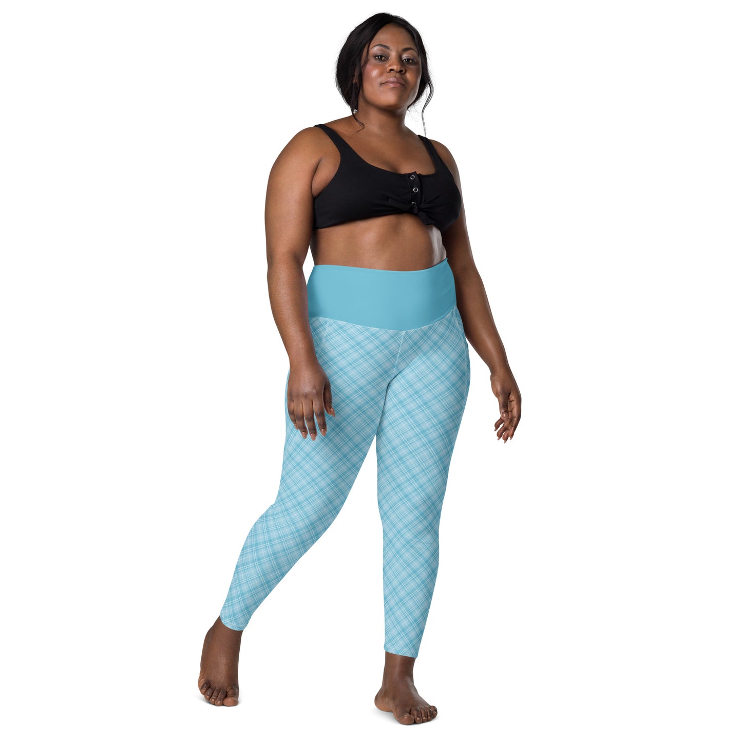 Sky Blue Plaid Yoga Leggings with Pockets