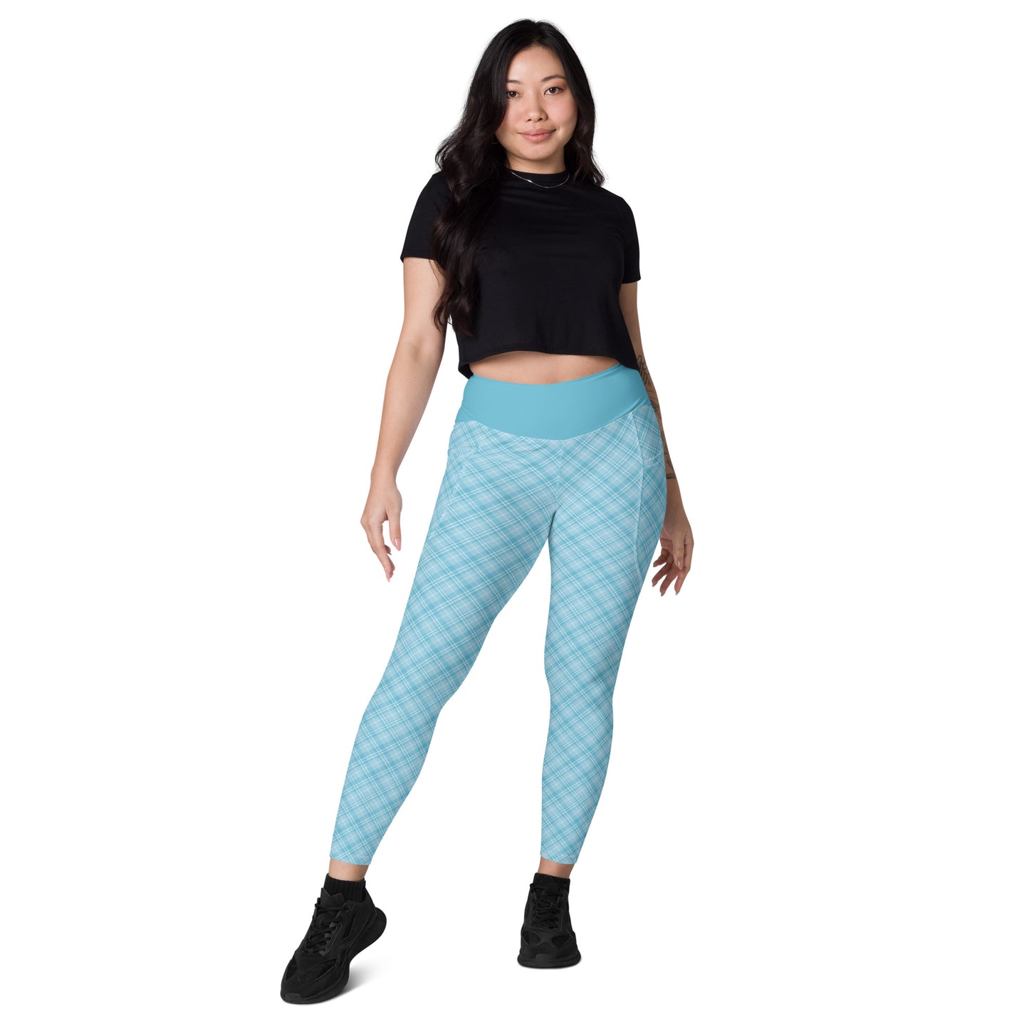 Sky Blue Plaid Yoga Leggings with Pockets