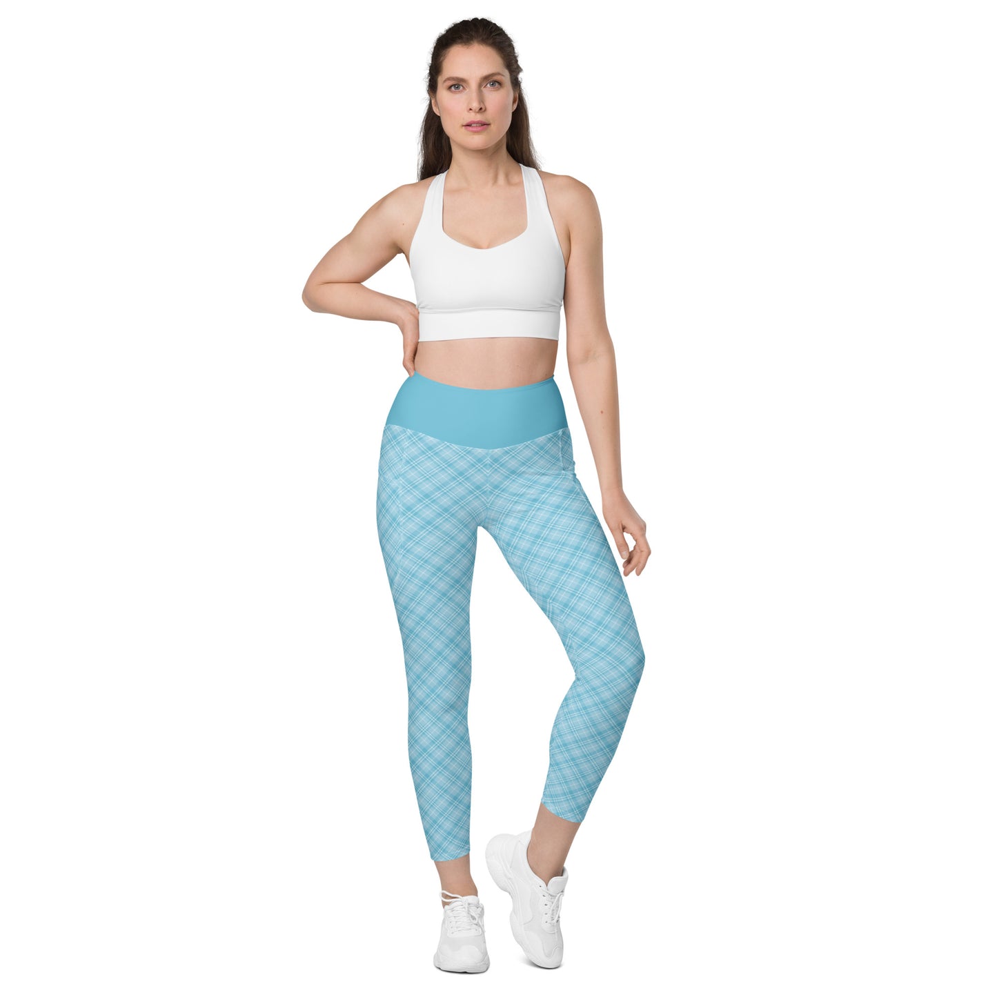 Sky Blue Plaid Yoga Leggings with Pockets