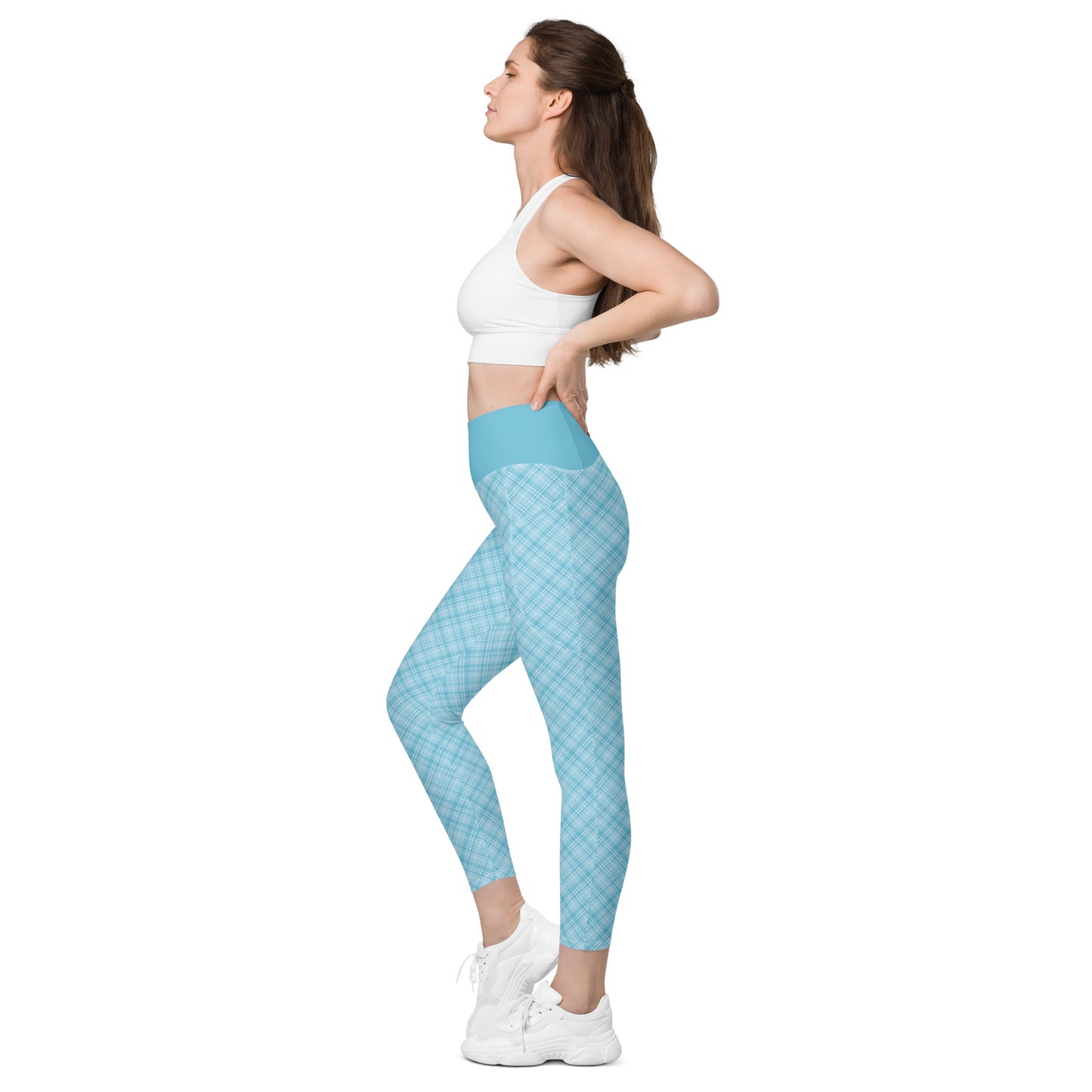 Sky Blue Plaid Yoga Leggings with Pockets