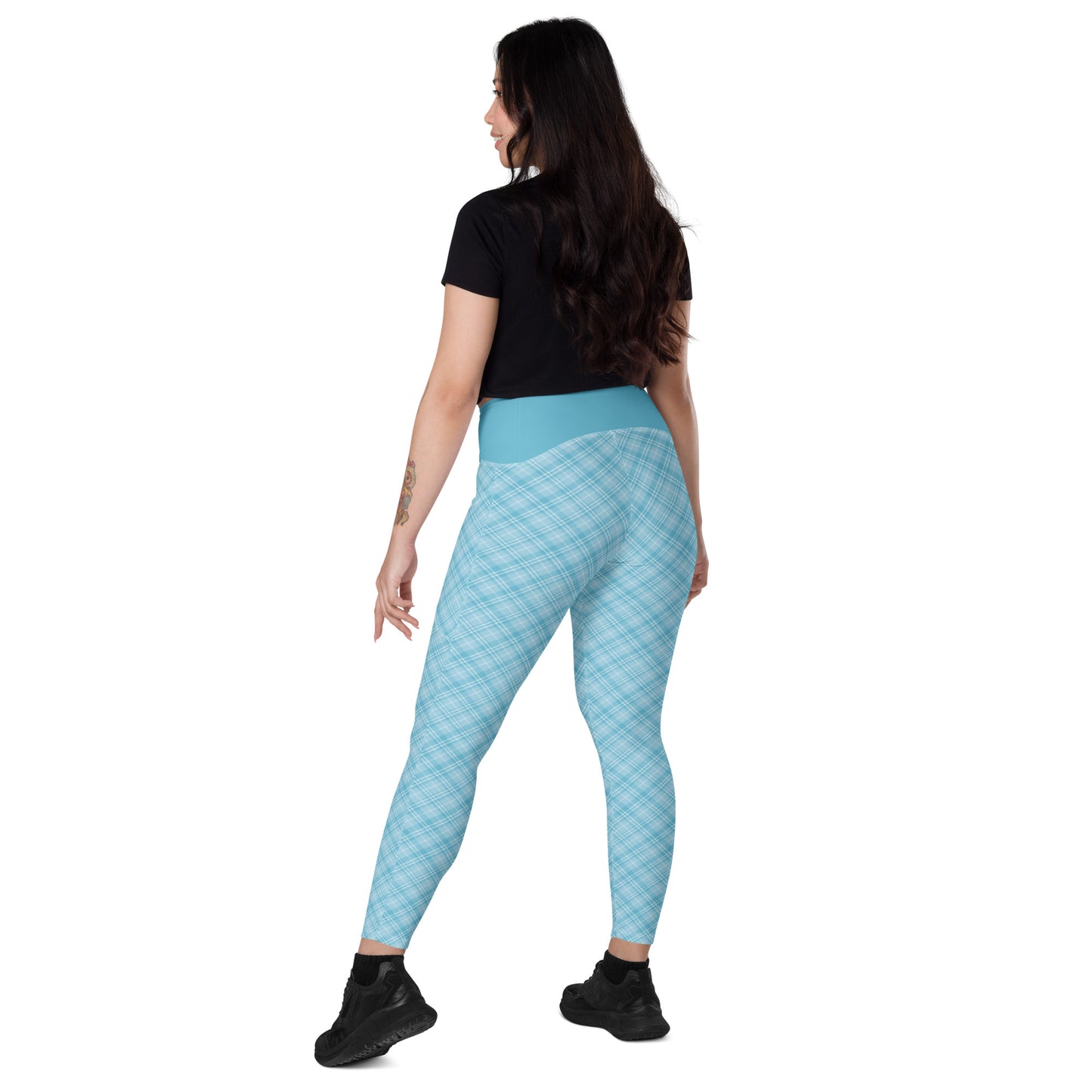 Sky Blue Plaid Yoga Leggings with Pockets