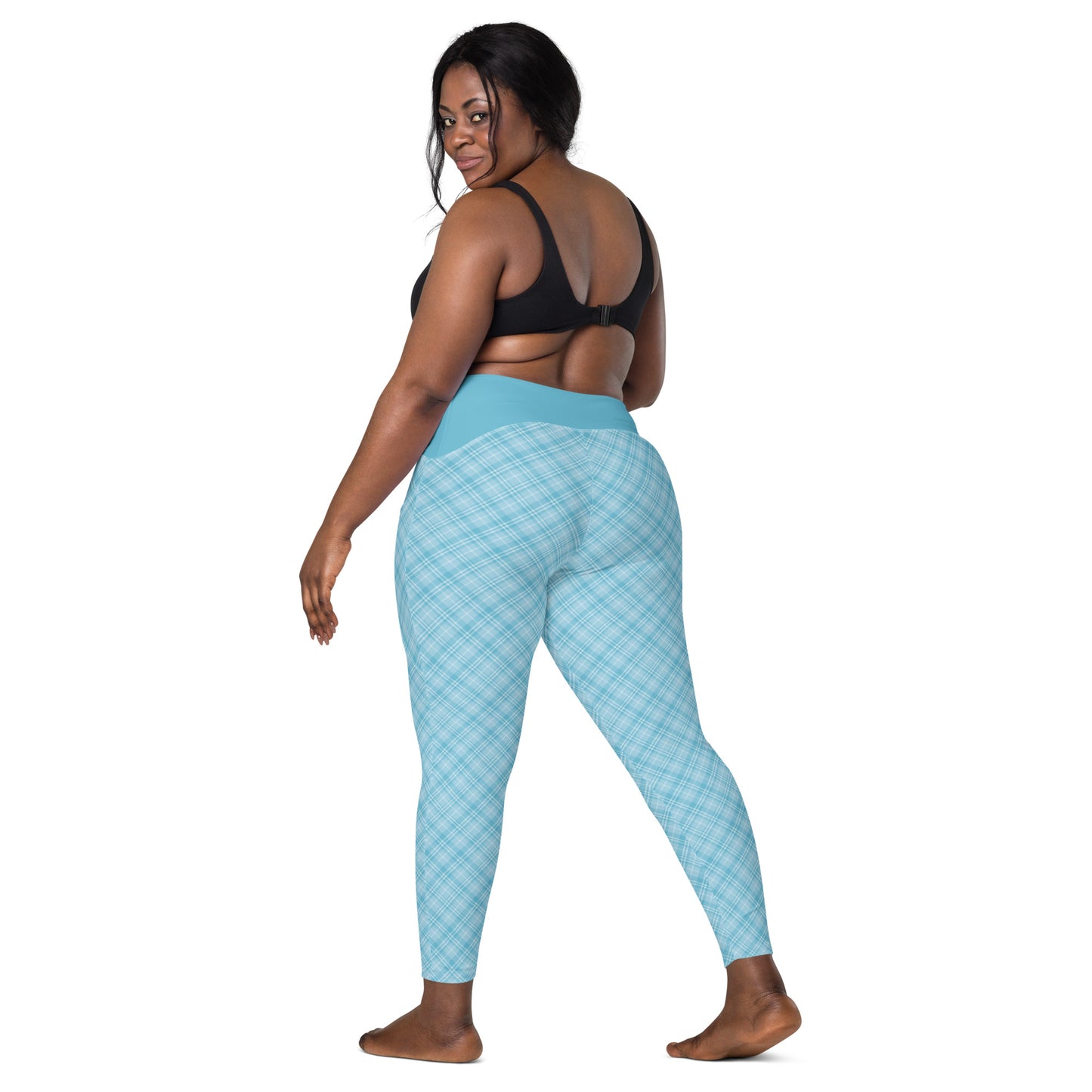 Sky Blue Plaid Yoga Leggings with Pockets