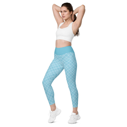 Sky Blue Plaid Yoga Leggings with Pockets