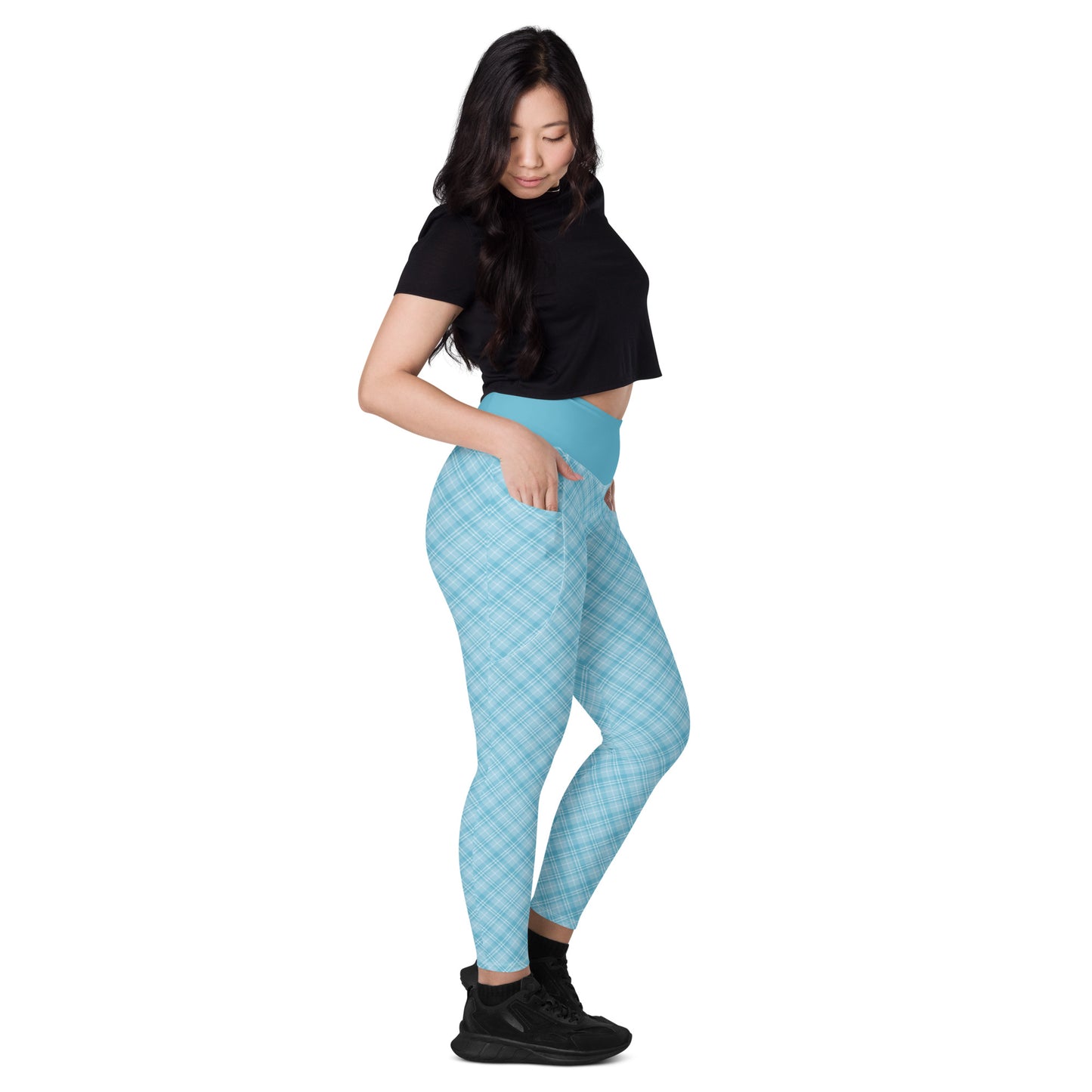 Sky Blue Plaid Yoga Leggings with Pockets