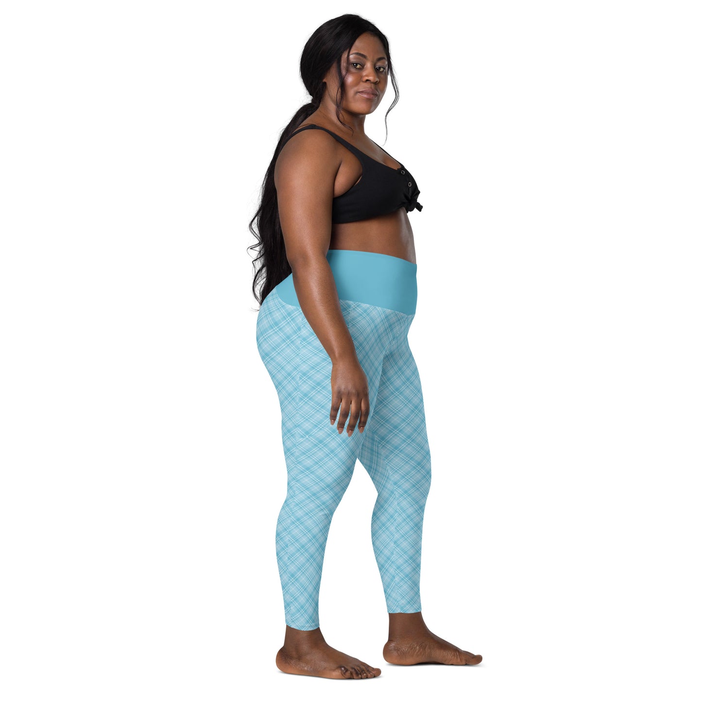 Sky Blue Plaid Yoga Leggings with Pockets