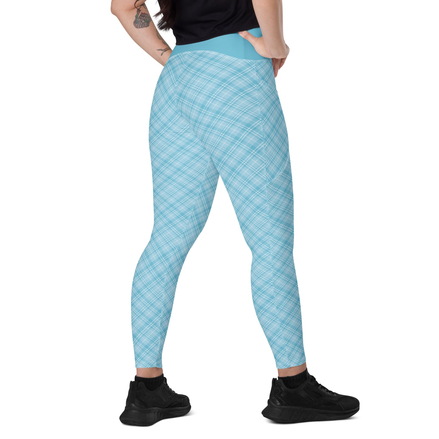 Sky Blue Plaid Yoga Leggings with Pockets