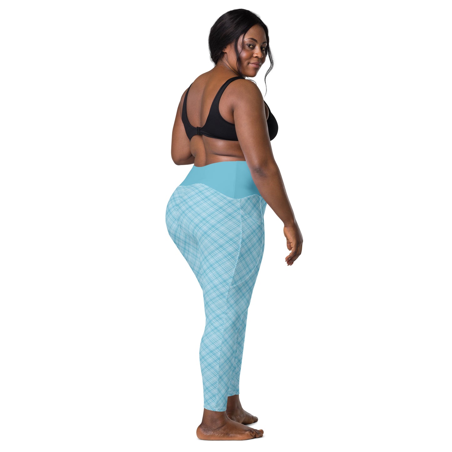 Sky Blue Plaid Yoga Leggings with Pockets