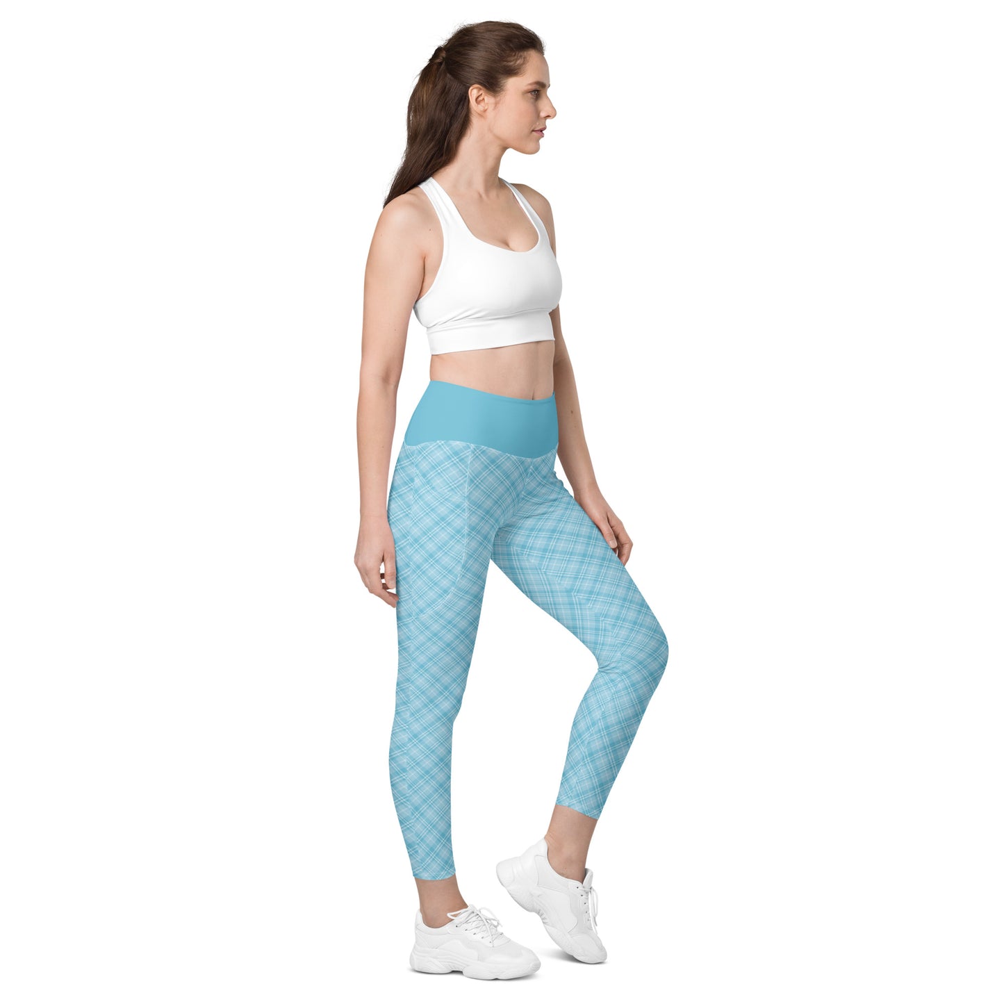 Sky Blue Plaid Yoga Leggings with Pockets